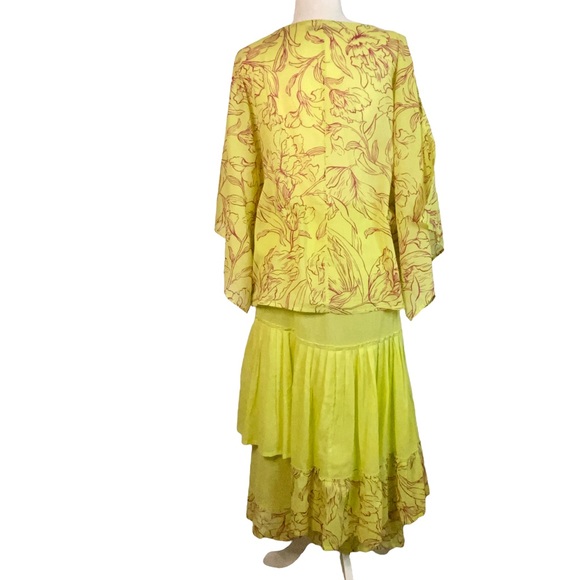 Jacques Ruc 2 Piece Chartreuse Maroon Floral Gauzy Layered Oversized Dress - Picture 5 of 16